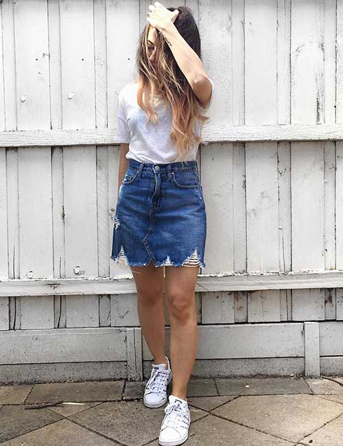 Blue Denim Shirt with Beige Skirt Outfits (5 ideas & outfits)