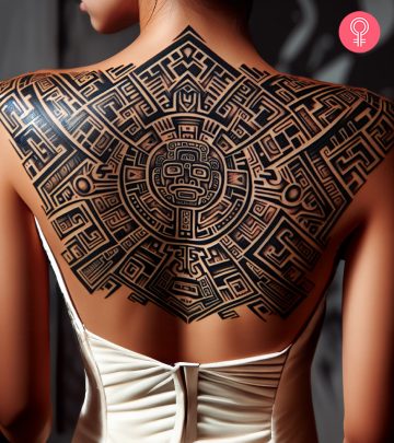 A woman with a Mayan tattoo on her back