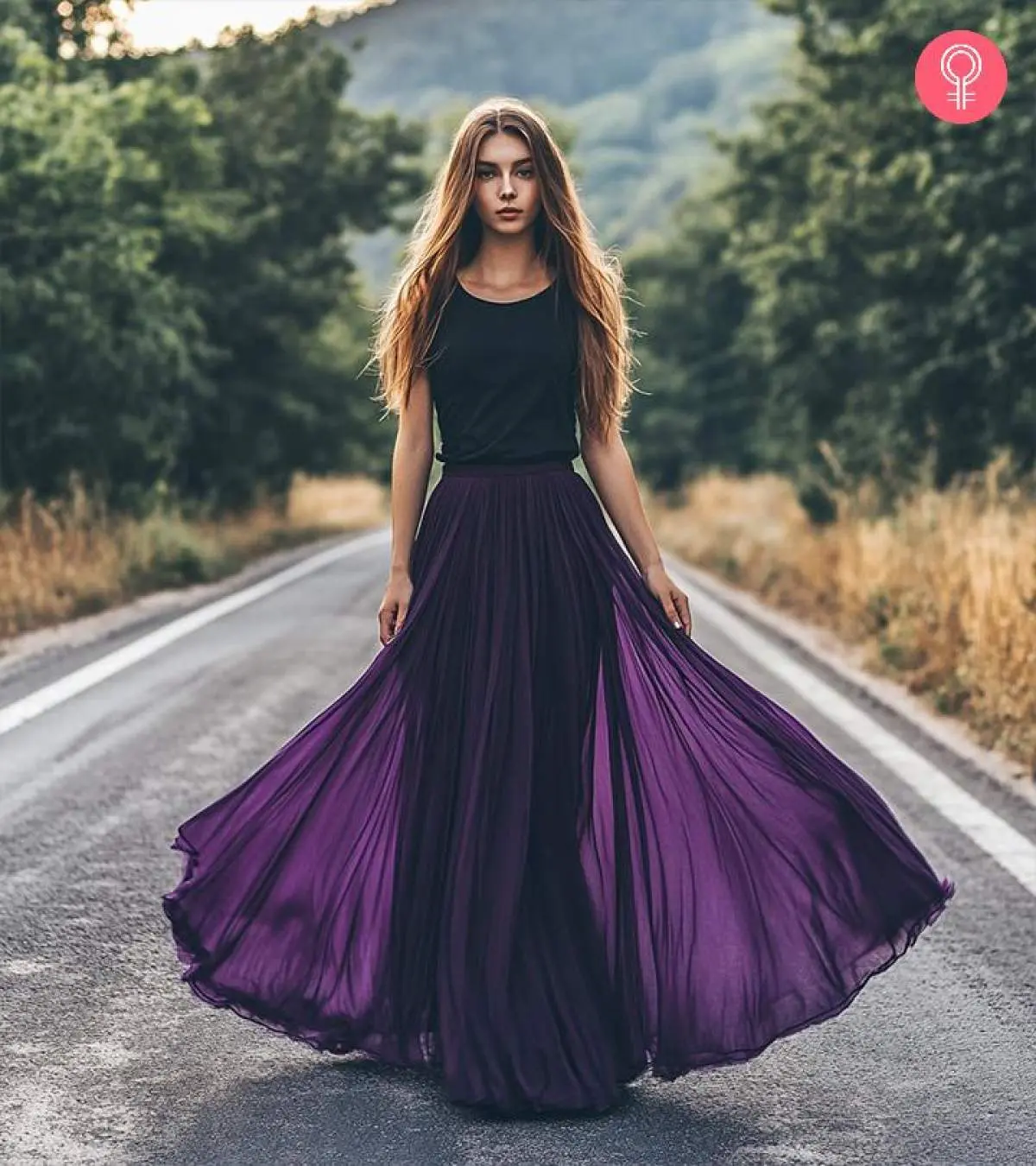 Purple maxi skirt outfit hotsell