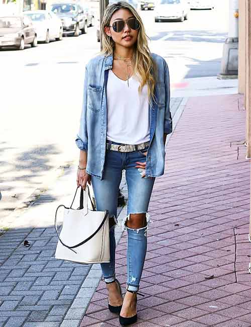 Black Leather Pants with Denim Shirt Outfits For Women (27 ideas & outfits)