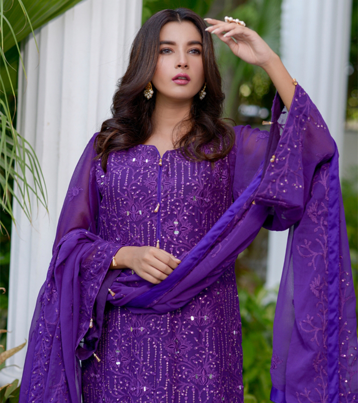 Floral Hand Embroidered Straight Kurta with Pants & Dupatta - Pear Gre