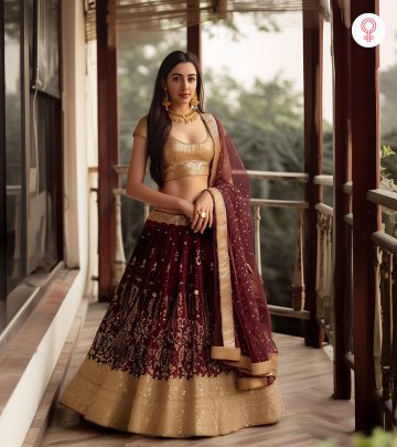 A woman in a lehenga outfit