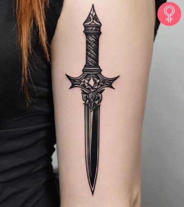 A woman with a dagger tattoo on her upper arm