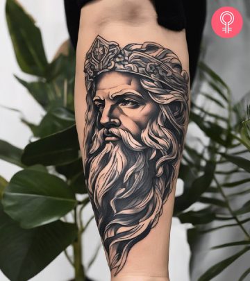 A woman with a Zeus tattoo.