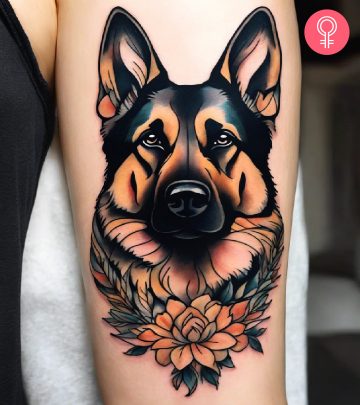 German shepherd tattoo on the upper arm