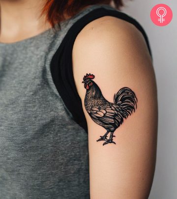 A woman with a chicken tattoo on her arm