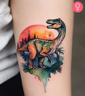 A woman with a dinosaur tattoo on her arm