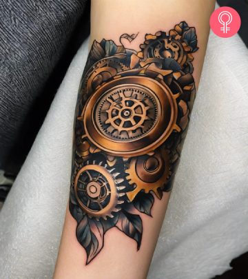 Steampunk tattoo on the arm of a woman