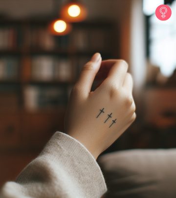 Three cross tattoos on a man’s hand