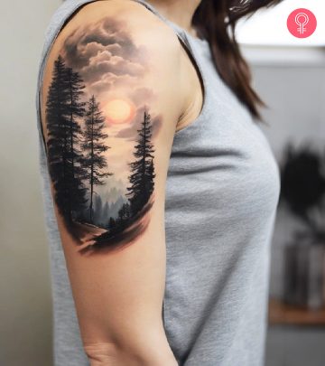 Woman with a colorful nature tattoo on her arm