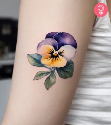 A vibrant pansy tattoo on the forearm