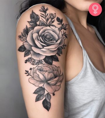 A woman with a black and white flower tattoo on her upper arm