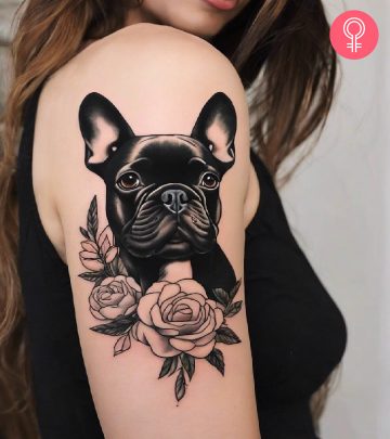 French Bulldog tattoo on the upper arm of a woman