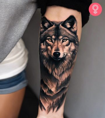 A wolf head tattoo on the forearm