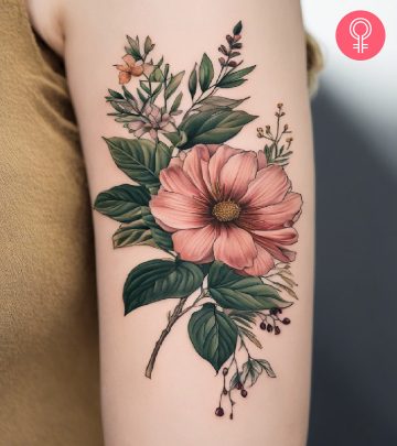 A botanical tattoo on the upper arm