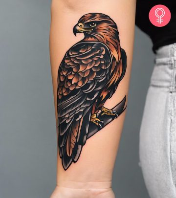 A hawk tattoo on the forearm