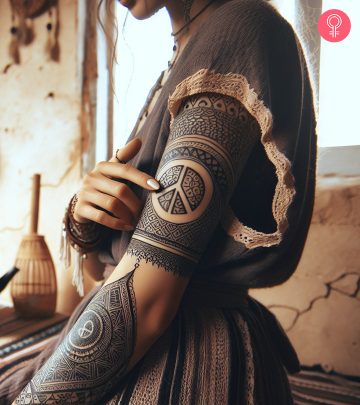A peace tattoo on a woman’s arm