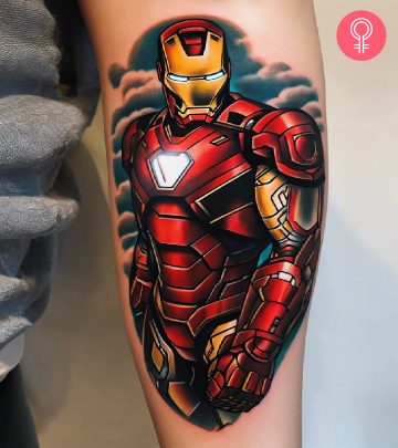 An Iron Man tattoo on the forearm