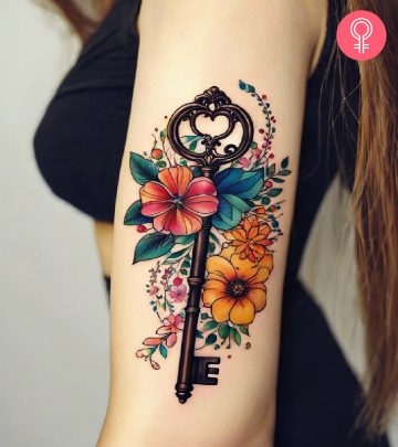 Colorful key tattoo on a woman’s arm