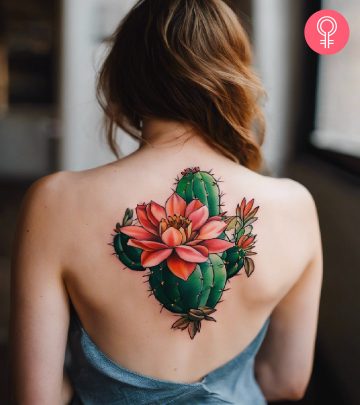 Woman with a cactus tattoo on the upper back