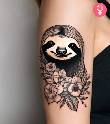 Woman with a sloth tattoo on her upper arm