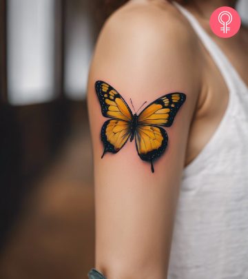 Yellow butterfly tattoo on the arm of a woman