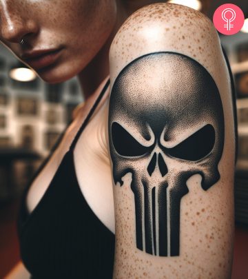 Punisher skull tattoo on the arm of a woman