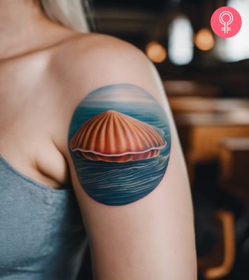 Clam tattoo design on the arm of a woman
