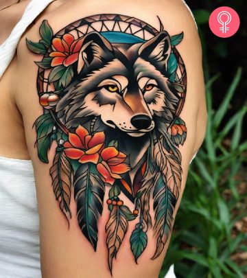 Wolf dreamcatcher tattoo on a woman’s arm