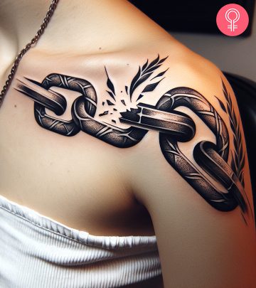 Woman with a broken chain tattoo on the shoulder