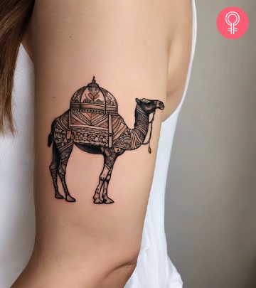 Woman with a camel tattoo on the upper arm