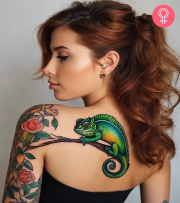 Woman wearing a chameleon tattoo on her back shoulder