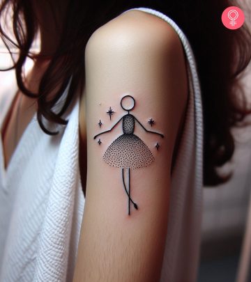 Woman with stick figure girl tattoo on her arm