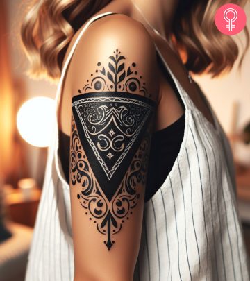 Bandana tattoo on the upper arm of a woman