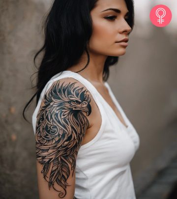 A griffin head tattoo on a woman’s upper arm