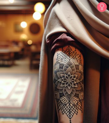 Geometric flower tattoo on the forearm of a woman
