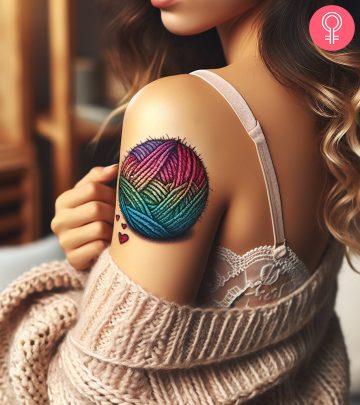 A crochet tattoo on a woman’s upper arm