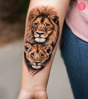 A tattoo of a lion and cub on a woman’s arm