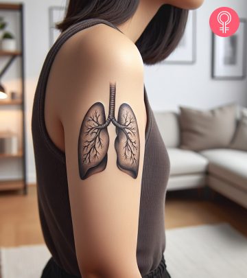 A lung tattoo on a woman’s upper arm