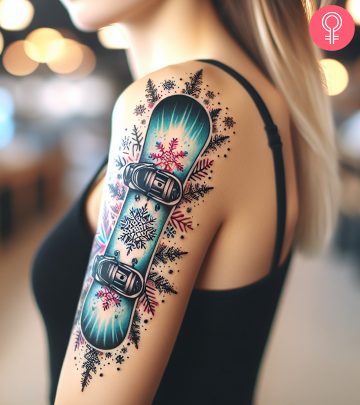 Snowboard tattoo on the arm of a woman