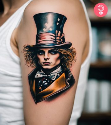 A Mad Hatter tattoo on a woman’s upper arm