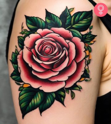An old school tattoo on a woman’s upper arm