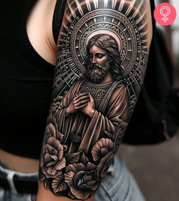 San Judas tattoo on a woman’s arm