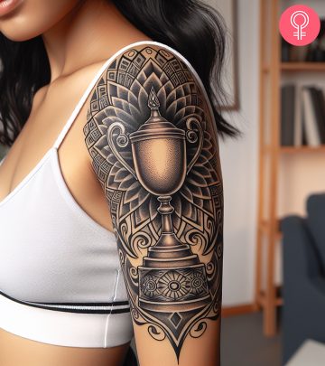 A victory tattoo on the upper arm of a woman