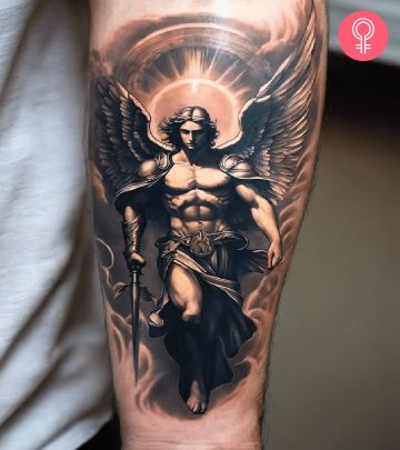 A Saint Michael’s tattoo on the forearm