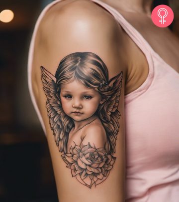 A baby angel tattoo on the arm of a woman