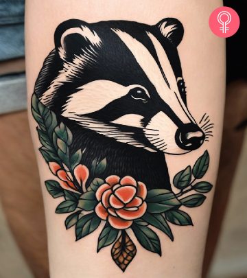 A badger with a flower tattoo on the forearm
