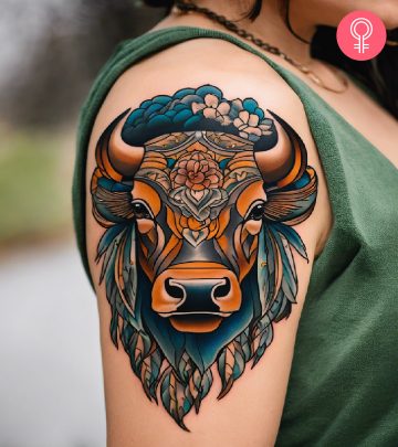 A bison tattoo on the upper arm of a woman