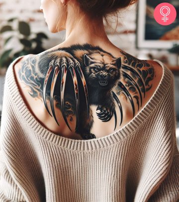 A claw tattoo on a woman’s back