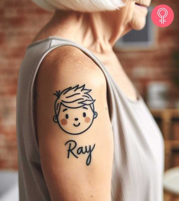 A grandchildren tattoo on a woman’s upper arm